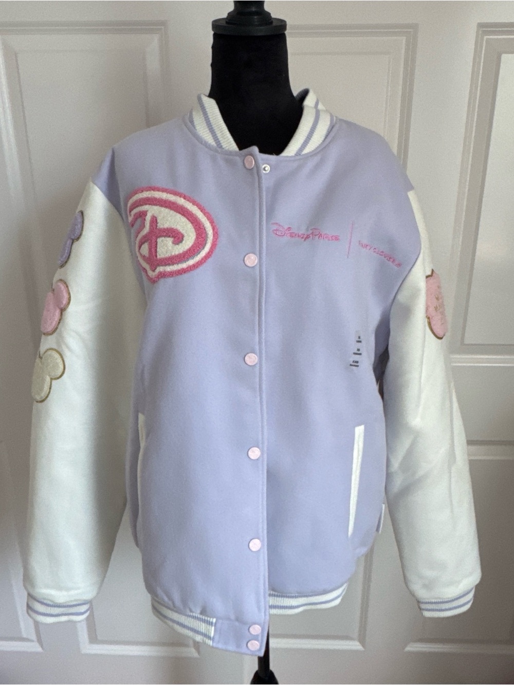 Disney Stoney Clover Lavender and White Varsity Jacket with Pink Details
